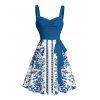 Vacation Couple Outfit Floral Ethnic Print Ruched Bust Belt Sweetheart Neck Dress and Button Up Shirt Matching Outfit - Bleu S | US 4
