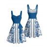 Vacation Couple Outfit Floral Ethnic Print Ruched Bust Belt Sweetheart Neck Dress and Button Up Shirt Matching Outfit - Bleu S | US 4