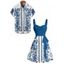 Vacation Couple Outfit Floral Ethnic Print Ruched Bust Belt Sweetheart Neck Dress and Button Up Shirt Matching Outfit - Bleu S | US 4
