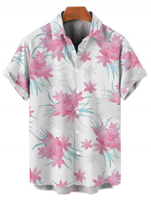 Chemise de vacances à motif floral et feuilles pour homme, boutonnée, retroussée, manches courtes, décontractée