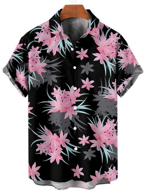 Chemise de vacances à motif floral et feuilles pour homme, boutonnée, retroussée, manches courtes, décontractée