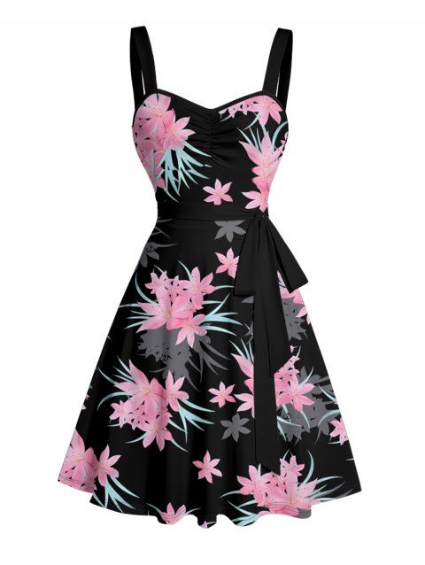 Robe de vacances à motif floral et feuilles, buste froncé, ceinture, col en cœur, robe trapèze mini décontractée