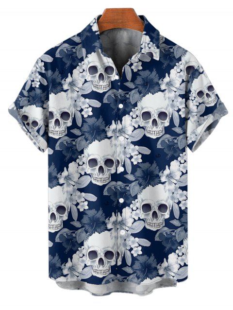 Chemise gothique à manches courtes et boutons pour homme, motif floral et tête de mort, style vacances