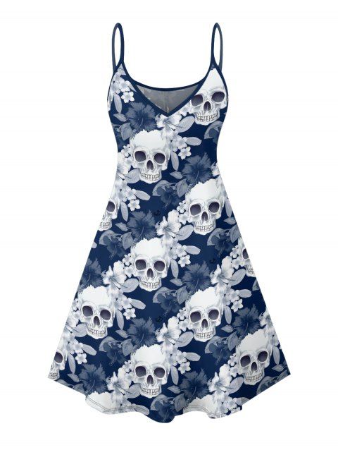 Robe gothique à motif floral et têtes de mort, bretelles spaghetti, col en V, coupe trapèze, mini-robe de vacances