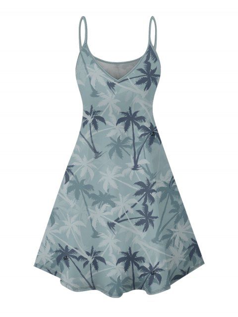 Robe de plage à motif cocotiers, bretelles spaghetti, col en V, coupe trapèze, mini-robe de vacances