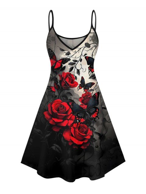 Robe gothique à motif papillon et rose, bretelles spaghetti, col en V, coupe trapèze, mini-robe de vacances