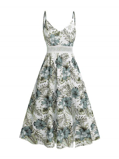 Robe longue de vacances à motif floral et feuilles, avec empiècement en dentelle géométrique et bretelles spaghetti