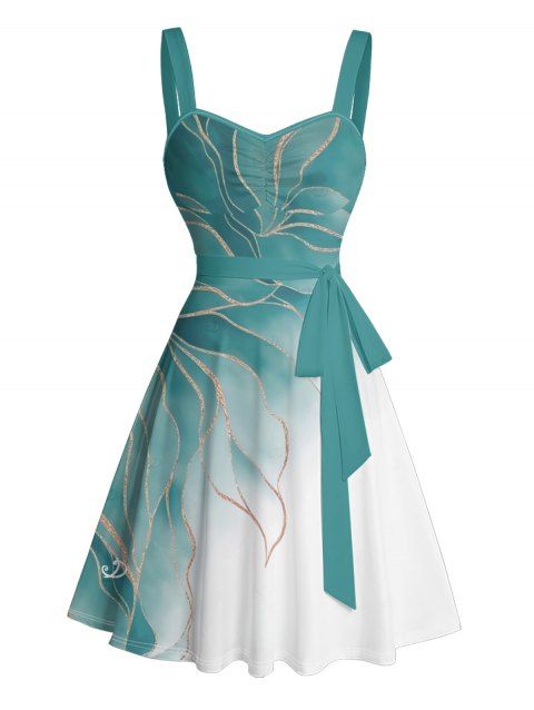 Robe de vacances à motif de feuilles pailletées ombrées, buste froncé, ceinture, col en cœur, robe trapèze mini décontractée