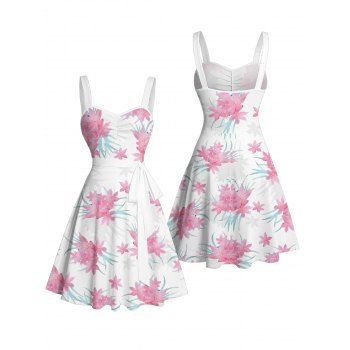 Floral Leaf Pattern Ruched Bust Belt Vacation Dress Sweetheart Neck A Line Mini Casual Dress