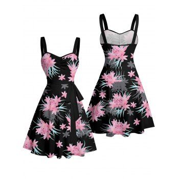 Floral Leaf Pattern Ruched Bust Belt Vacation Dress Sweetheart Neck A Line Mini Casual Dress