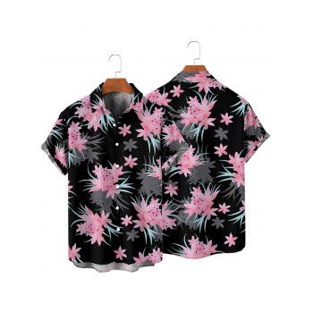 Vacation Couple Outfit Floral Leaf Pattern Ruched Bust Belt Sweetheart Neck Dress and Button Up Shirt Casual Matching Outfit