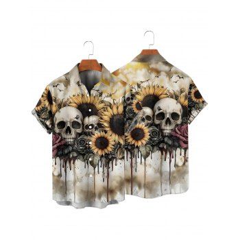 Gothic Couple Outfit Skulls Sunflower Rose Pattern Spaghetti Strap V Neck A Line Mini Tank Dress and Button Up Shirt Vacation Matching Outfit