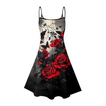 Rose Butterfly Pattern Gothic Dress Spaghetti Strap V Neck A Line Mini Vacation Tank Dress