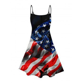 American Flag Pattern Independence Day Dress Spaghetti Strap V Neck A Line Mini Patriotic Tank Dress