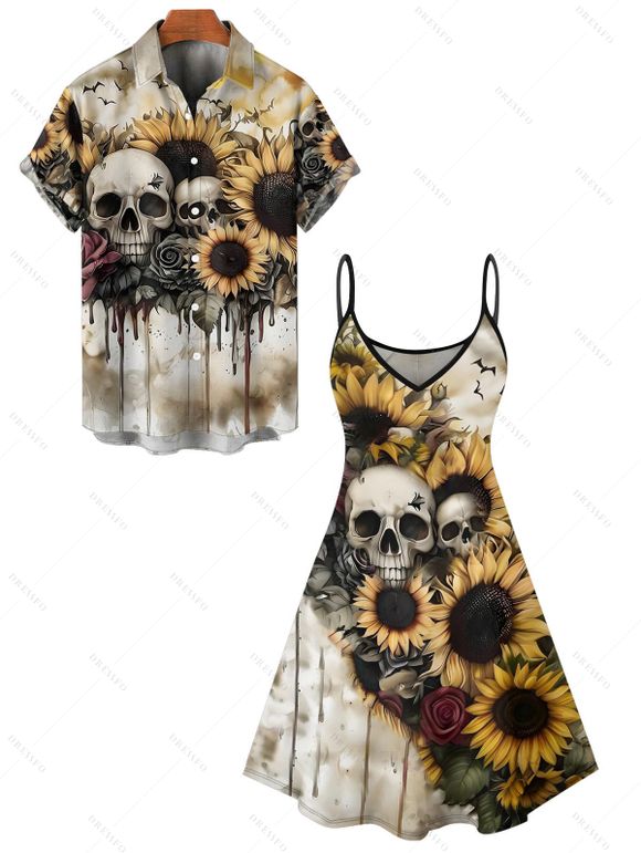 Gothic Couple Outfit Skulls Sunflower Rose Pattern Spaghetti Strap V Neck A Line Mini Tank Dress and Button Up Shirt Vacation Matching Outfit - café lumière S | US 4
