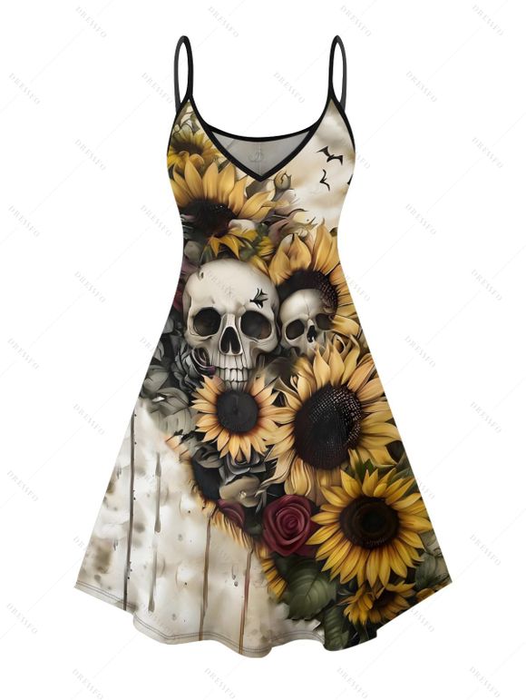 Gothic Couple Outfit Skulls Sunflower Rose Pattern Spaghetti Strap V Neck A Line Mini Tank Dress and Button Up Shirt Vacation Matching Outfit - café lumière S | US 4