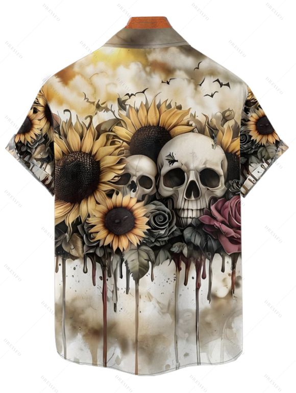 Gothic Couple Outfit Skulls Sunflower Rose Pattern Spaghetti Strap V Neck A Line Mini Tank Dress and Button Up Shirt Vacation Matching Outfit - café lumière S | US 4