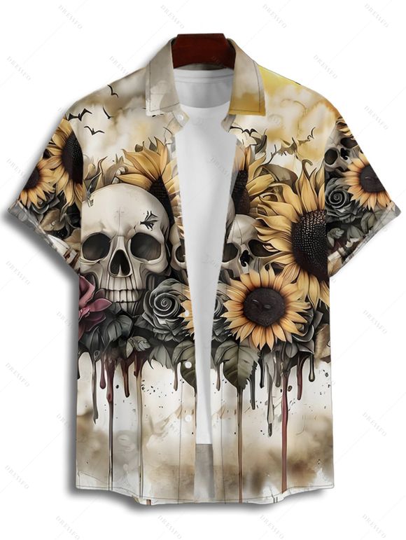 Gothic Couple Outfit Skulls Sunflower Rose Pattern Spaghetti Strap V Neck A Line Mini Tank Dress and Button Up Shirt Vacation Matching Outfit - café lumière S | US 4