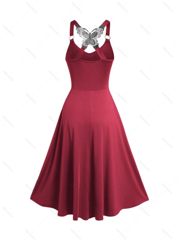 Robe Ligne A Mi-Longue Ceinturée Papillon Croisée à Taille Haute - Rouge foncé L