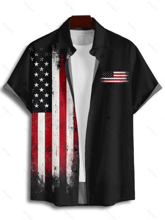 Chemise homme à rayures et étoiles, motif drapeau américain, pour le jour de l'indépendance, boutonnée, retroussée, manches courtes, patriotique - Noir S