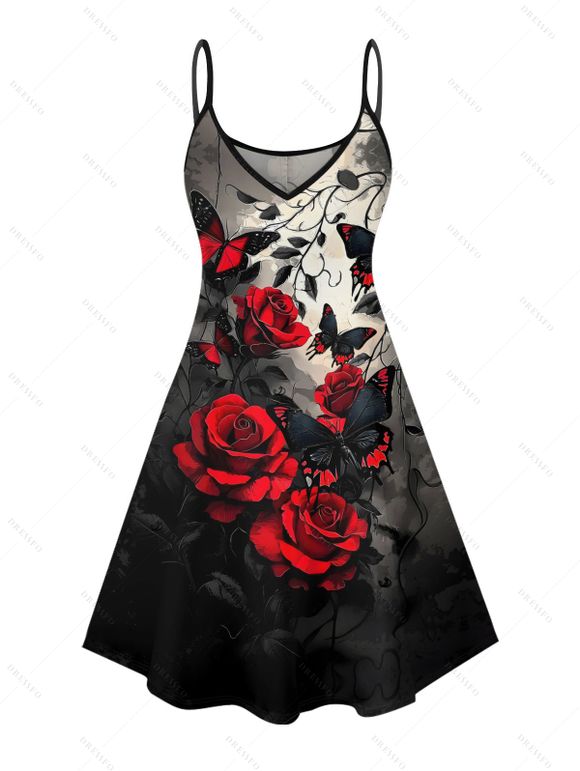 Robe gothique à motif papillon et rose, bretelles spaghetti, col en V, coupe trapèze, mini-robe de vacances - Rouge foncé XXXXXL | US 20