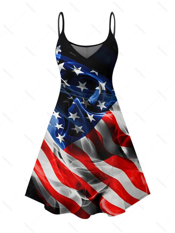 Robe de fête de l'indépendance à motif drapeau américain, bretelles spaghetti, col en V, coupe trapèze, mini-robe débardeur patriotique - Noir XXXXXL | US 20