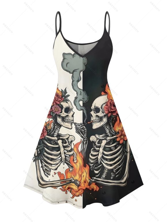 Robe gothique à motif floral et squelette colorblock, bretelles spaghetti, col en V, coupe trapèze, mini-robe de vacances - Noir XXXXXL | US 20