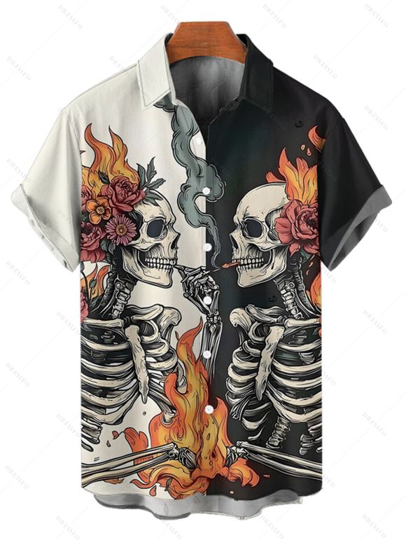 Chemise gothique à manches courtes et boutons pour homme, motif floral, motif squelette et feu fumant, style vacances - Noir 5XL