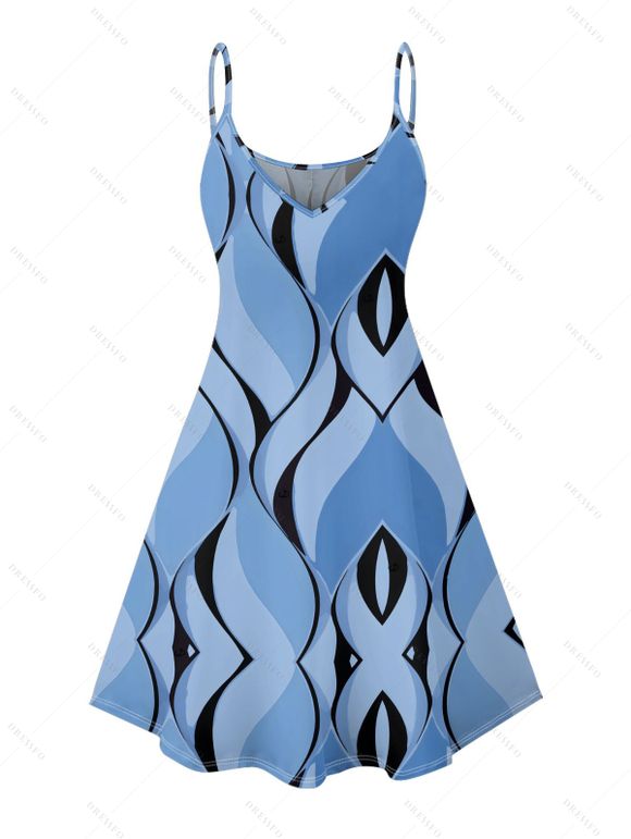 Robe de vacances à imprimé géométrique, bretelles spaghetti, col en V, coupe trapèze, mini-robe décontractée - Bleu gris XXXXXL | US 20