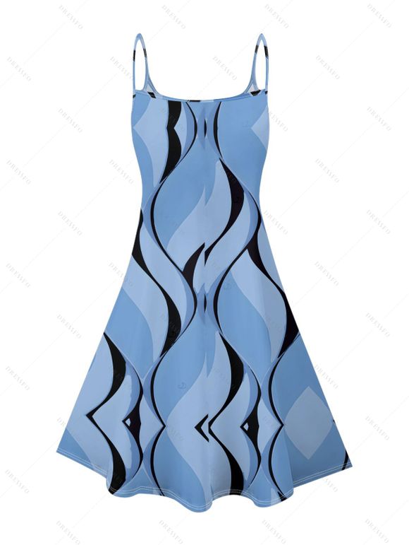 Robe de vacances à imprimé géométrique, bretelles spaghetti, col en V, coupe trapèze, mini-robe décontractée - Bleu gris M | US 6