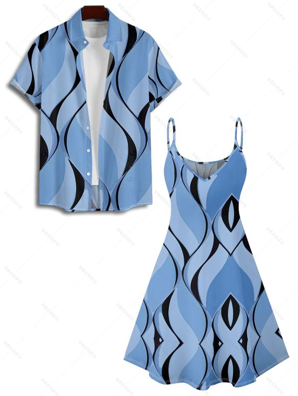 Casual Couple Outfit Geometric Printed Spaghetti Strap V Neck A Line Mini Tank Dress and Button Up Shirt Vacation Matching Outfit - Bleu gris S | US 4