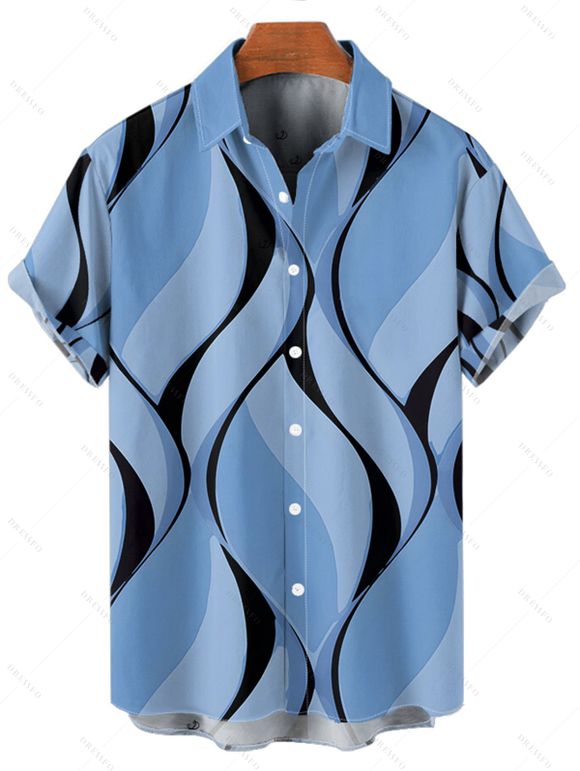 Chemise de vacances à imprimé géométrique pour homme, boutonnée, retroussée, manches courtes, décontractée - Bleu gris 5XL
