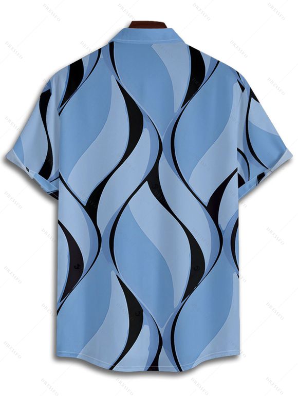 Chemise de vacances à imprimé géométrique pour homme, boutonnée, retroussée, manches courtes, décontractée - Bleu gris S