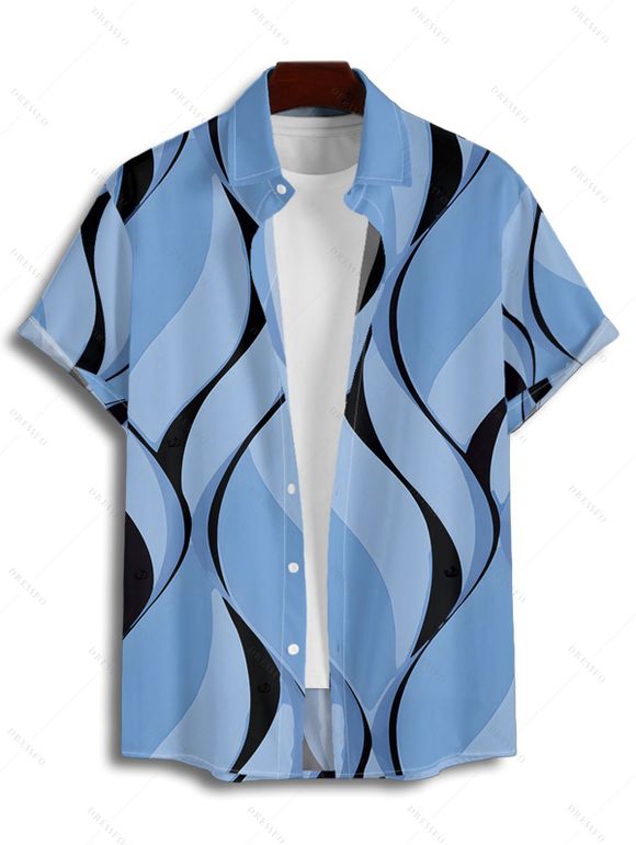 Chemise de vacances à imprimé géométrique pour homme, boutonnée, retroussée, manches courtes, décontractée - Bleu gris S