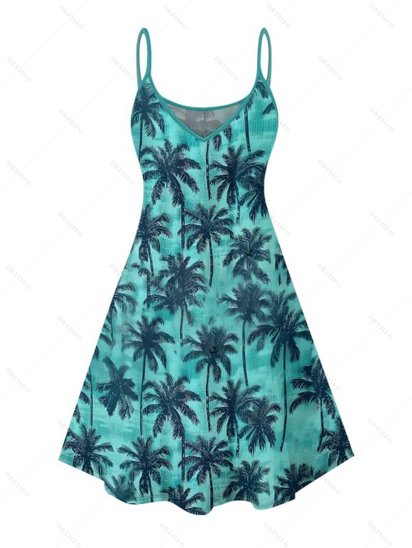 Robe de vacances à imprimé cocotiers, bretelles spaghetti, col en V, coupe trapèze, mini-robe débardeur hawaïenne - Vert clair XXXXXL | US 20