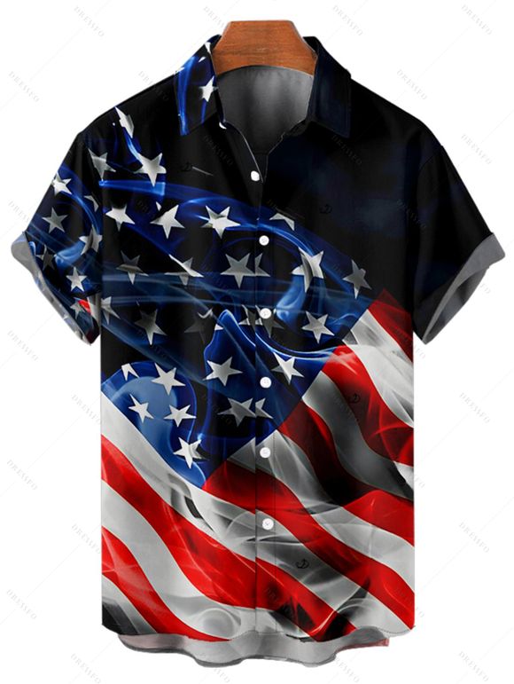 Chemise patriotique à manches courtes et boutons pour homme, imprimé drapeau américain, jour de l'indépendance - Noir 5XL