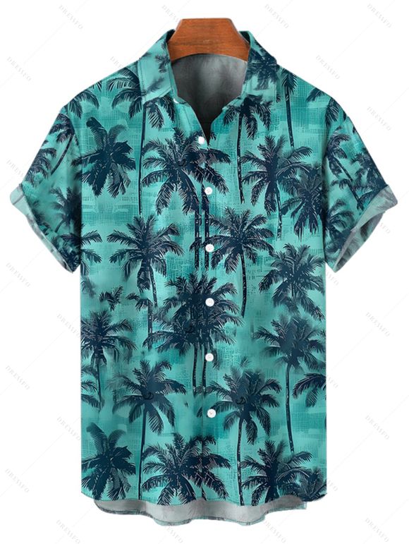 Chemise hawaïenne à manches courtes et boutons, imprimé cocotiers, pour homme - Vert clair 5XL