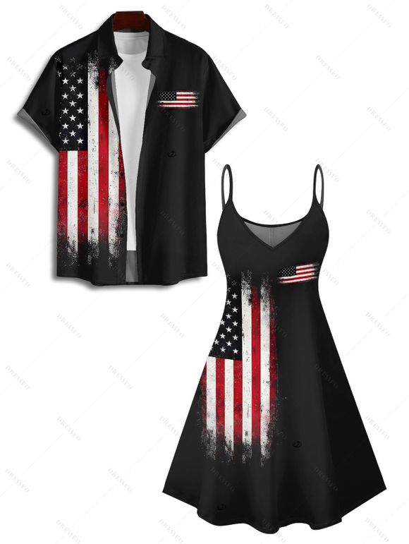 Independence Day Couple Outfit American Flag Star Striped Print Spaghetti Strap Tank Dress and Button Up Shirt Patriotic Matching Outfit - Noir S | US 4