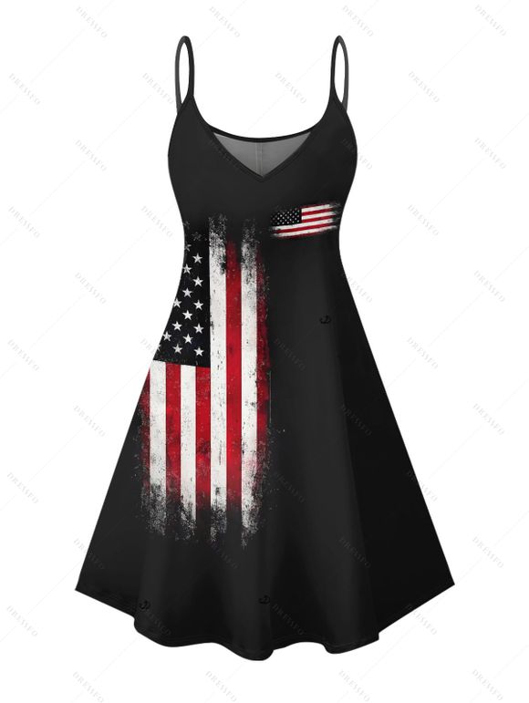 Independence Day Couple Outfit American Flag Star Striped Print Spaghetti Strap Tank Dress and Button Up Shirt Patriotic Matching Outfit - Noir S | US 4