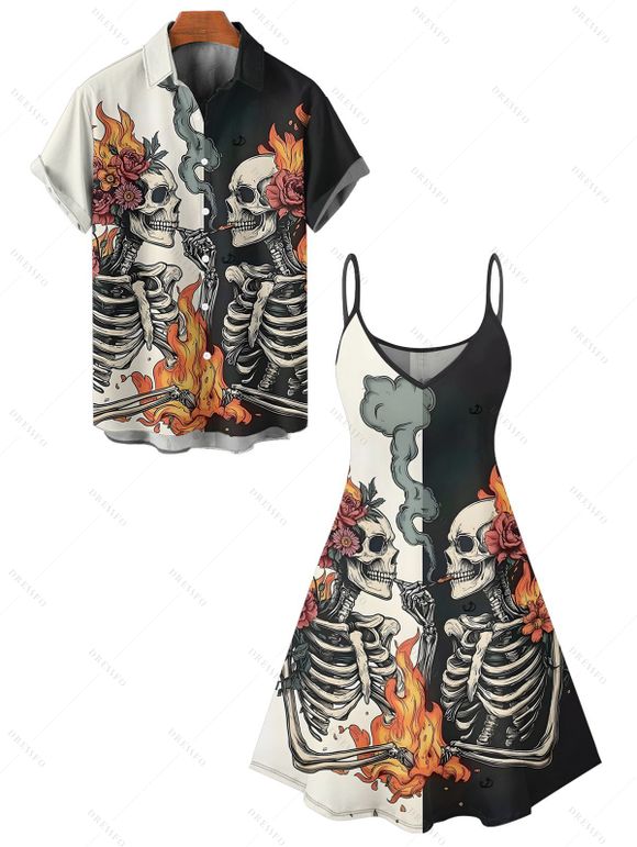 Gothic Couple Outfit Colorblock Skeleton Smoking Fire Floral Pattern Spaghetti Strap Tank Dress and Button Up Shirt Vacation Matching Outfit - Noir S | US 4