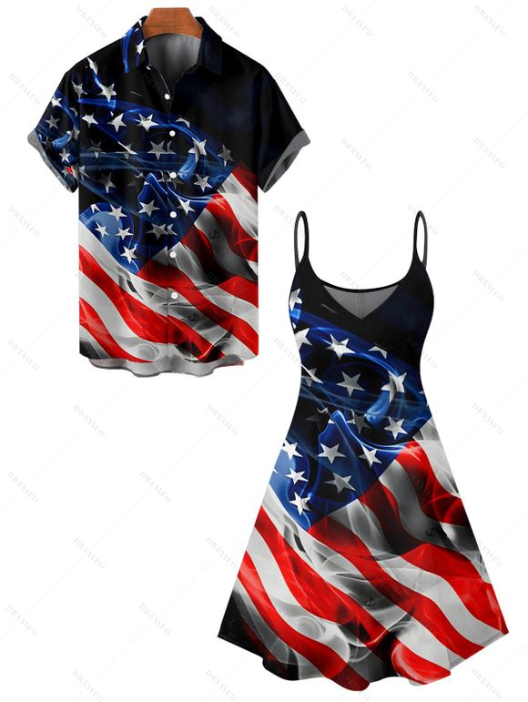 Independence Day Couple Outfit American Flag Pattern Spaghetti Strap Tank Dress and Button Up Shirt Patriotic Matching Outfit - Noir S | US 4