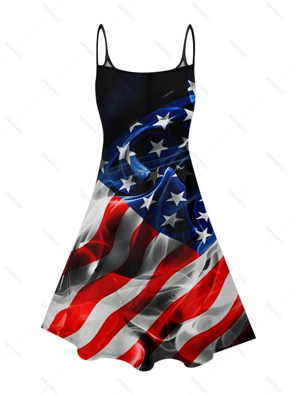 Independence Day Couple Outfit American Flag Pattern Spaghetti Strap Tank Dress and Button Up Shirt Patriotic Matching Outfit - Noir S | US 4