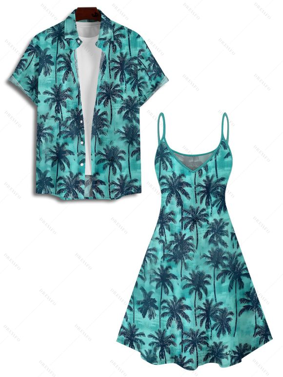 Vacation Couple Outfit Allover Coconut Tree Print Spaghetti Strap Tank Dress and Button Up Shirt Hawaii Matching Outfit - Vert clair S | US 4