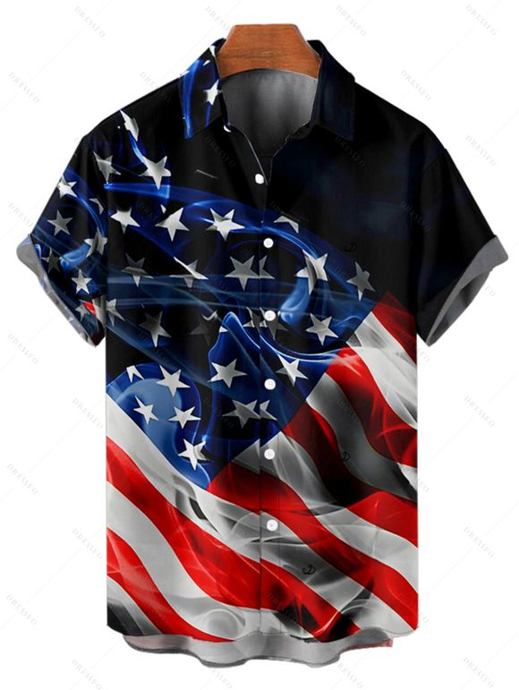 Independence Day Couple Outfit American Flag Pattern Spaghetti Strap Tank Dress and Button Up Shirt Patriotic Matching Outfit - Noir S | US 4