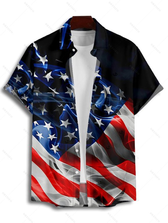 Independence Day Couple Outfit American Flag Pattern Spaghetti Strap Tank Dress and Button Up Shirt Patriotic Matching Outfit - Noir S | US 4