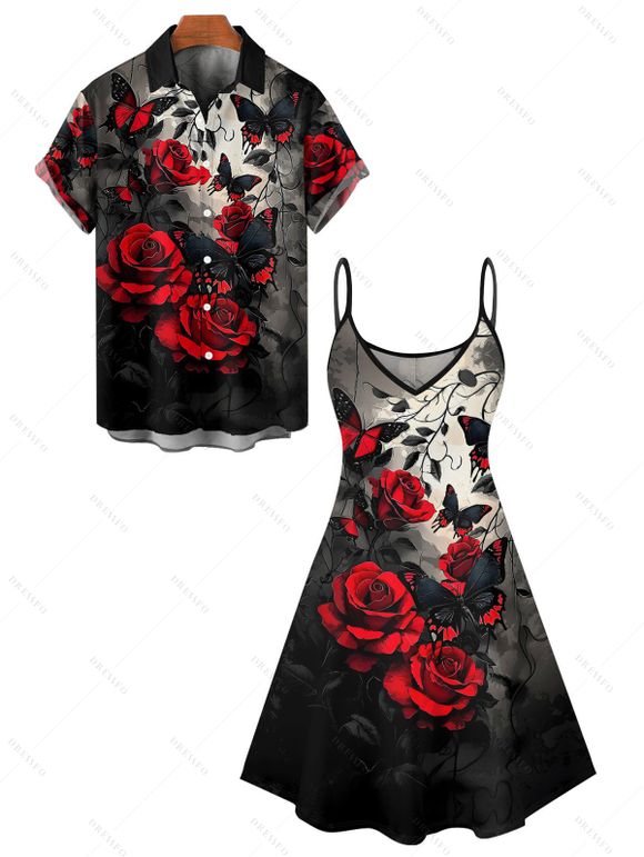 Gothic Couple Outfit Rose Butterfly Pattern Spaghetti Strap V Neck A Line Mini Tank Dress and Button Up Shirt Vacation Matching Outfit - Rouge foncé S | US 4