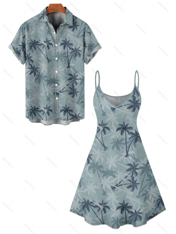 Beach Couple Outfit Allover Coconut Tree Pattern Spaghetti Strap V Neck A Line Mini Tank Dress and Button Up Shirt Vacation Matching Outfit - Vert clair S | US 4
