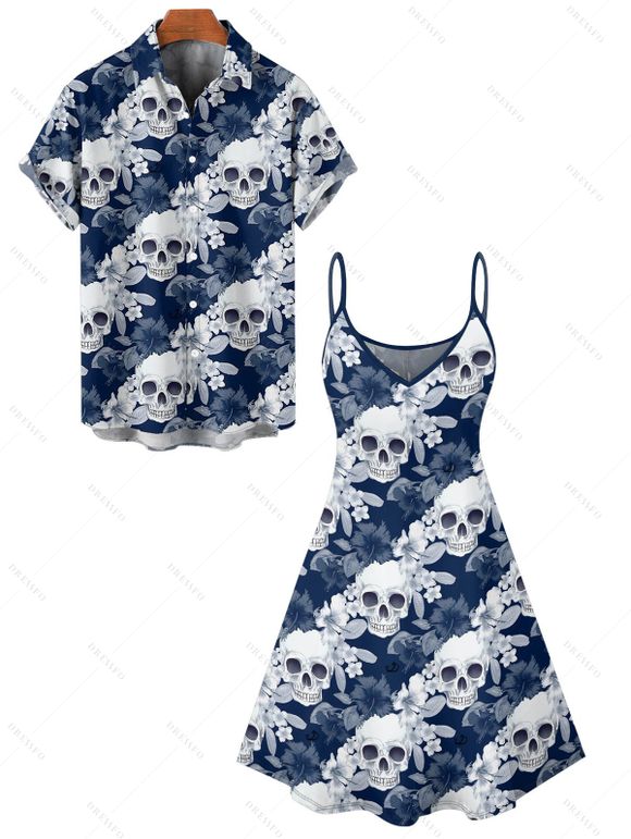 Gothic Couple Outfit Allover Floral Skulls Pattern Spaghetti Strap Tank Dress and Button Up Shirt Vacation Matching Outfit - Bleu S | US 4