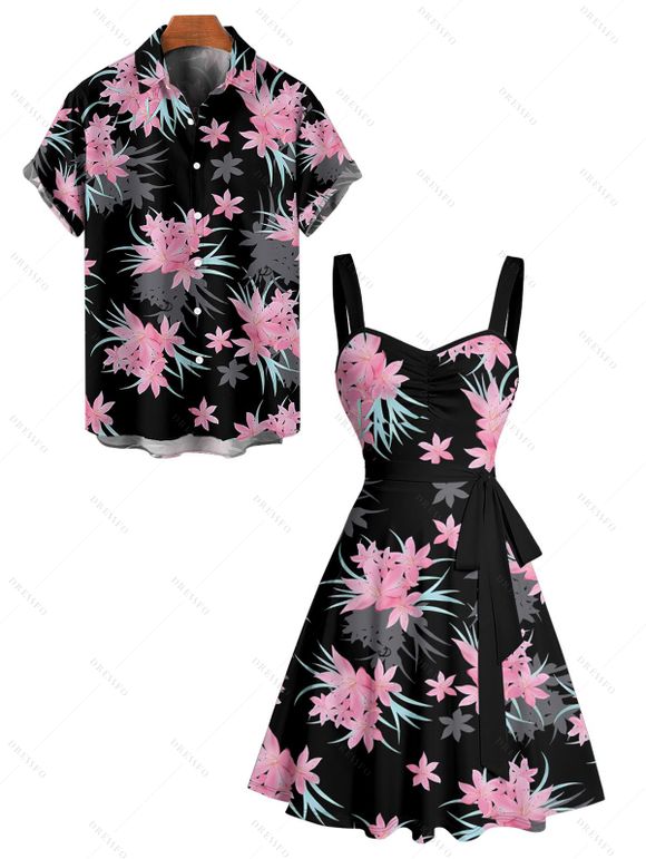 Vacation Couple Outfit Floral Leaf Pattern Ruched Bust Belt Sweetheart Neck Dress and Button Up Shirt Casual Matching Outfit - Noir S | US 4