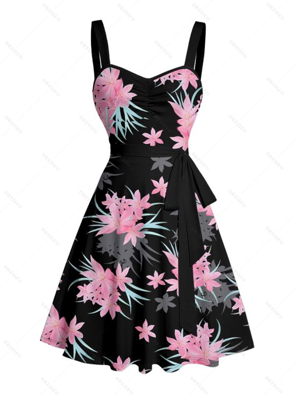 Vacation Couple Outfit Floral Leaf Pattern Ruched Bust Belt Sweetheart Neck Dress and Button Up Shirt Casual Matching Outfit - Noir S | US 4